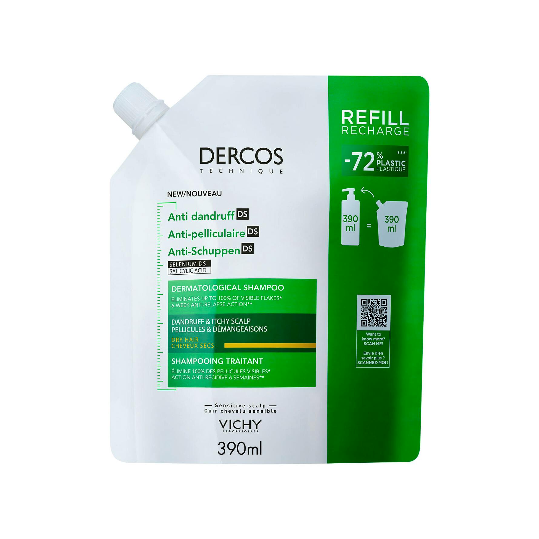 Vichy Dercos Anti Dandruff And Itchy Scalp Shampoo Dry Hair Refill 390 ml