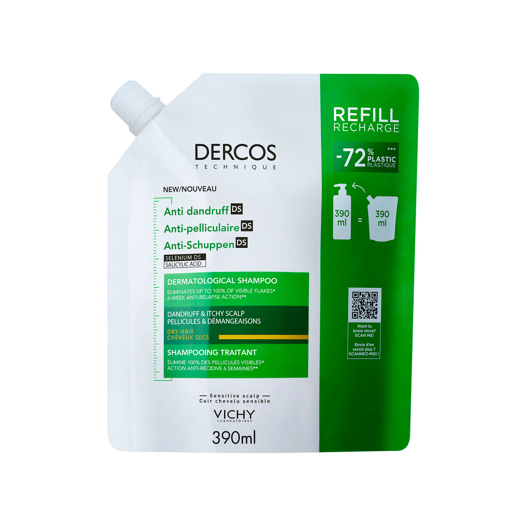 Vichy Dercos Anti Dandruff And Itchy Scalp Shampoo Dry Hair Refill 390 ml