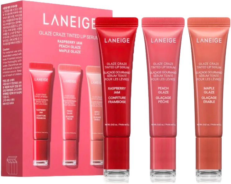 Laneige Glaze Craze Tinted Lip Serum Peach Glaze, Maple Glaze & Raspberry Jam 12 g + 12 g + 12 g