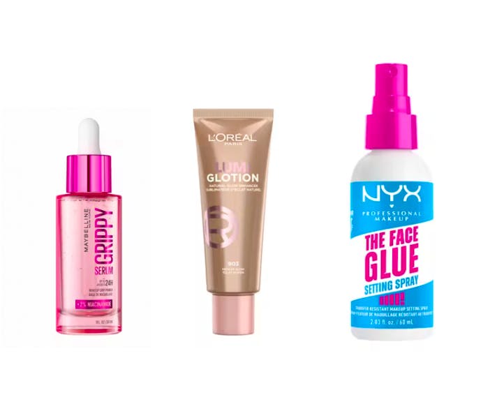 Maybelline Grippy Serum Primer, L'Oréal Lumi Glottion & NYX Face Glue Setting Spray 30 ml + 40 ml + 60 ml