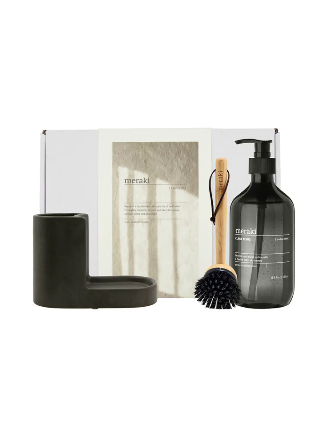 Meraki Gift Box w. Dark Grey Holder, Nature Brush & Shadow Lake Dish Wash 490 ml + 2 pcs