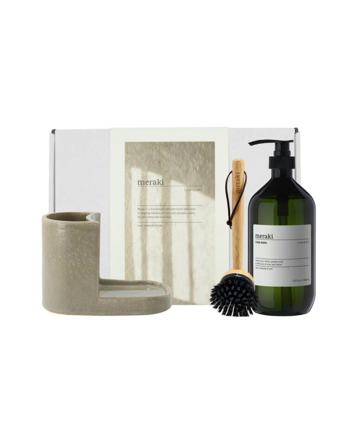 Meraki Gift Box w. Grey Holder, Nature Brush & Forest Garden Dish Wash 1000 ml + 2 st