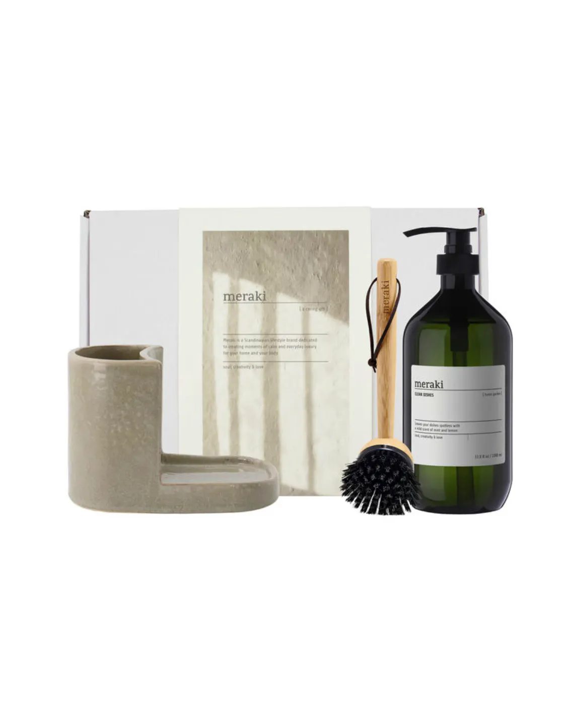Meraki Gift Box w. Grey Holder, Nature Brush & Forest Garden Dish Wash 1000 ml + 2 pcs