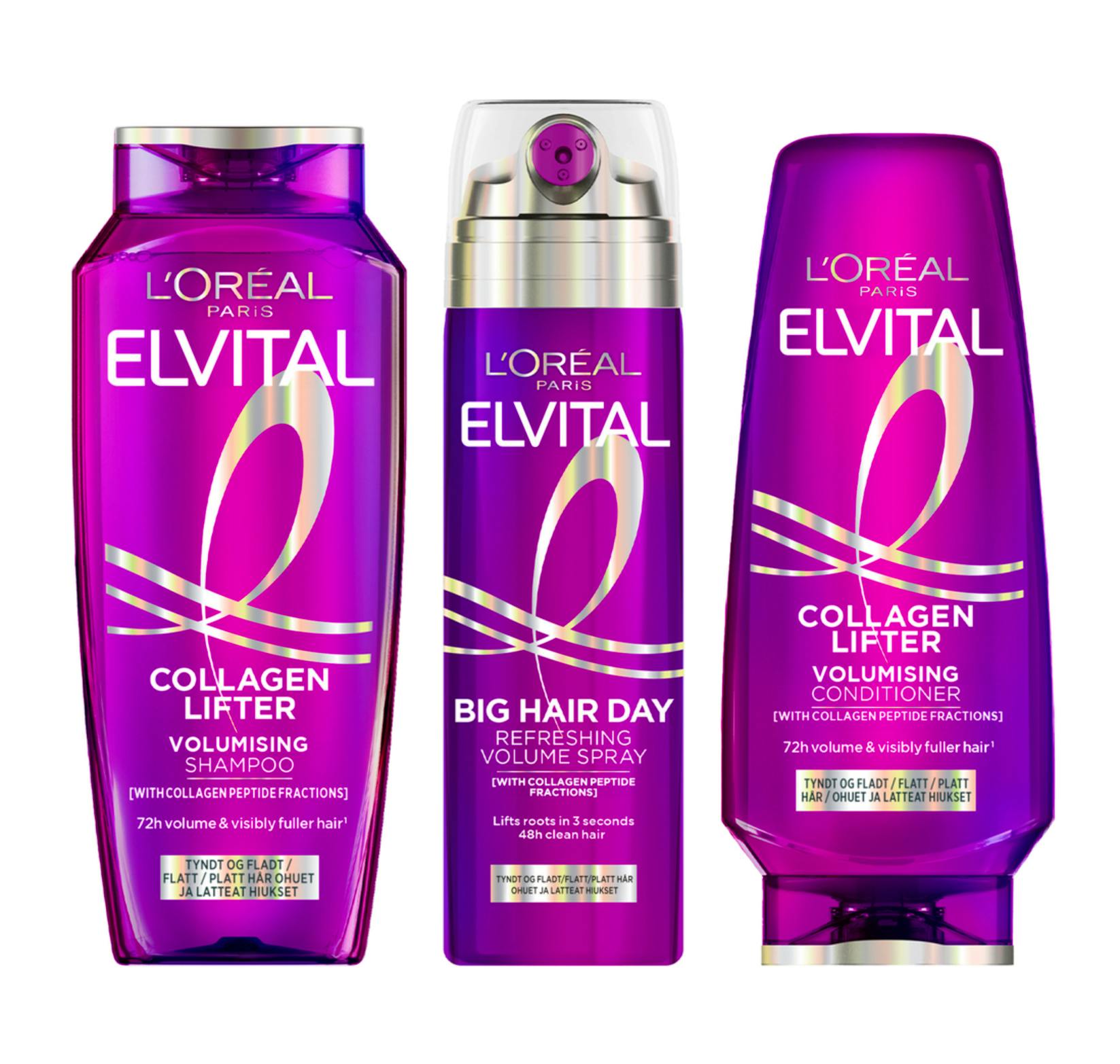 L'Oréal Paris Elvital Collagen Lifter Shampoo, Conditioner & Big Hair Day Refreshing Volume Spray 250 ml + 200 ml + 200 ml