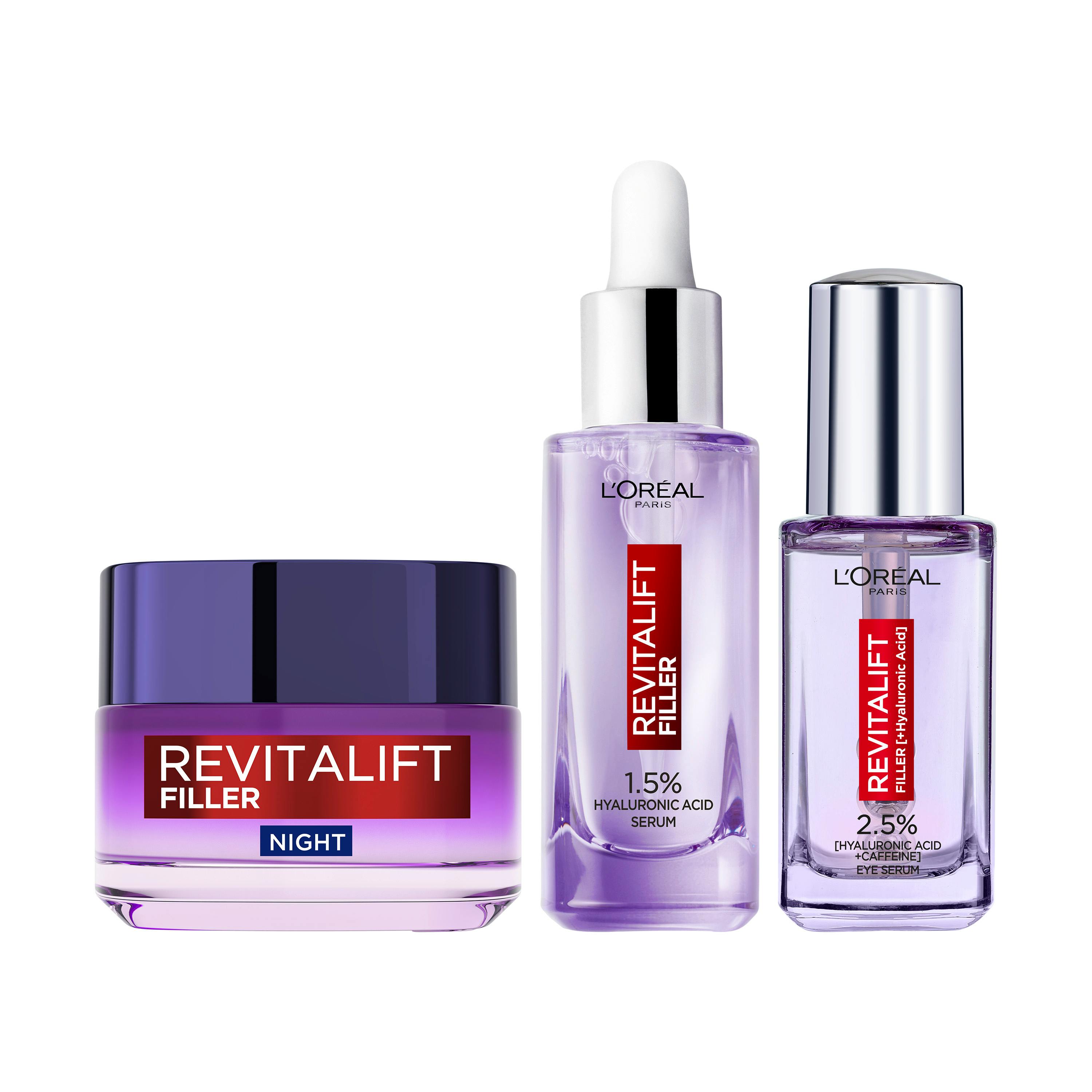 L'Oréal Paris Revitalift Filler Night Cream, Hyaluronic Acid Serum & Eye Serum 50 ml + 30 ml + 20 ml
