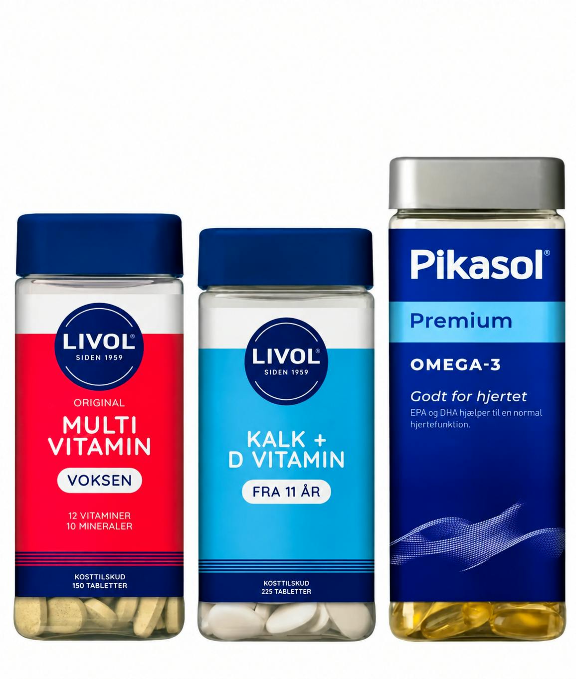 Pikasol Omega-3 + Kalk + D-vitamin + Multivitamin 140 pcs + 225 pcs + 150 stk