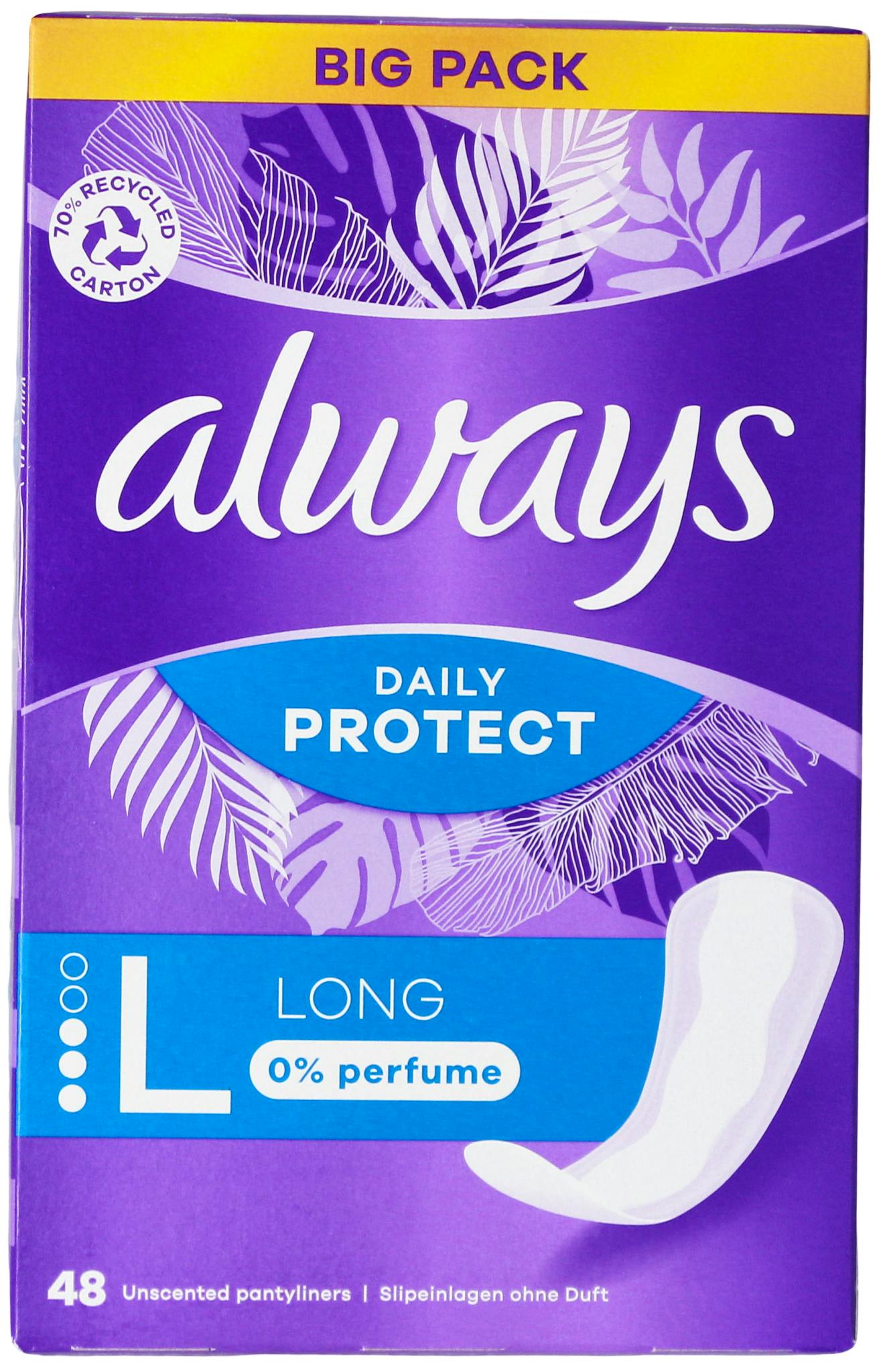 Always Dailies Protect Liners Long 0% Perfume 48 st