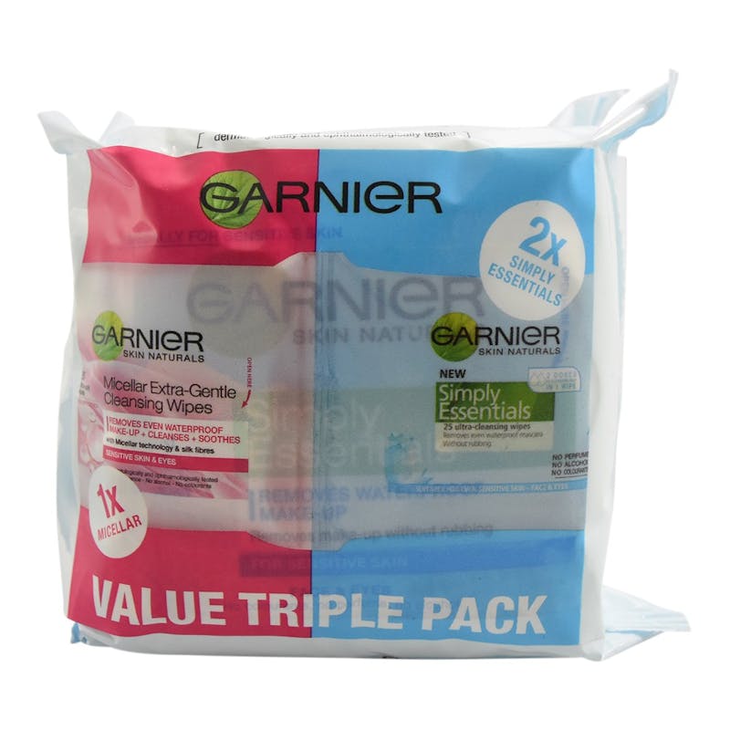Garnier Micellar &amp; Simply Essentials Wipes Value Triple Pack 3 x 25 st