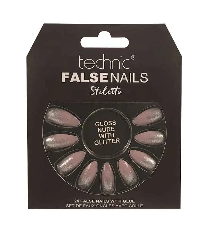 Technic False Nails Stiletto Gloss Nude With Glitter 24 pcs
