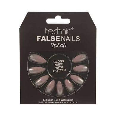Technic False Nails Stiletto Gloss Nude With Glitter 24 kpl