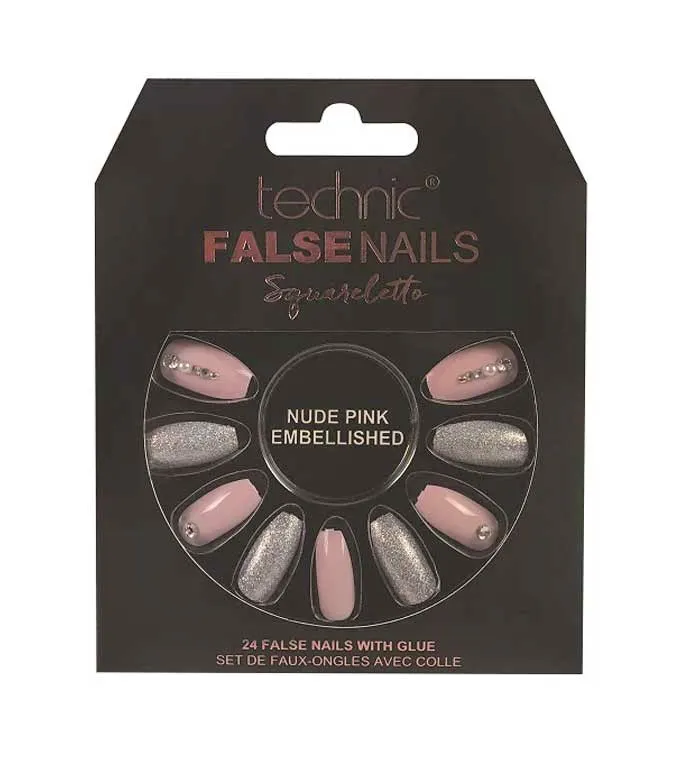 Technic False Nails Squareletto Nude Pink Embellished 24 pcs
