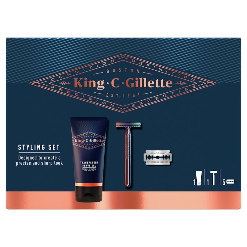 King C. Gillette Styling Set Shave Gel &amp; Razor &amp; Razor Blades 150 ml + 1 stk + 5 stk