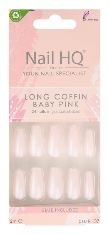 Nail HQ Long Coffin Baby Pink Nails 24 pcs + 2 ml