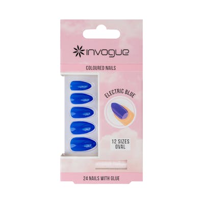 Invogue Electric Blue Oval Coloured Nails 24 pcs + 2 ml
