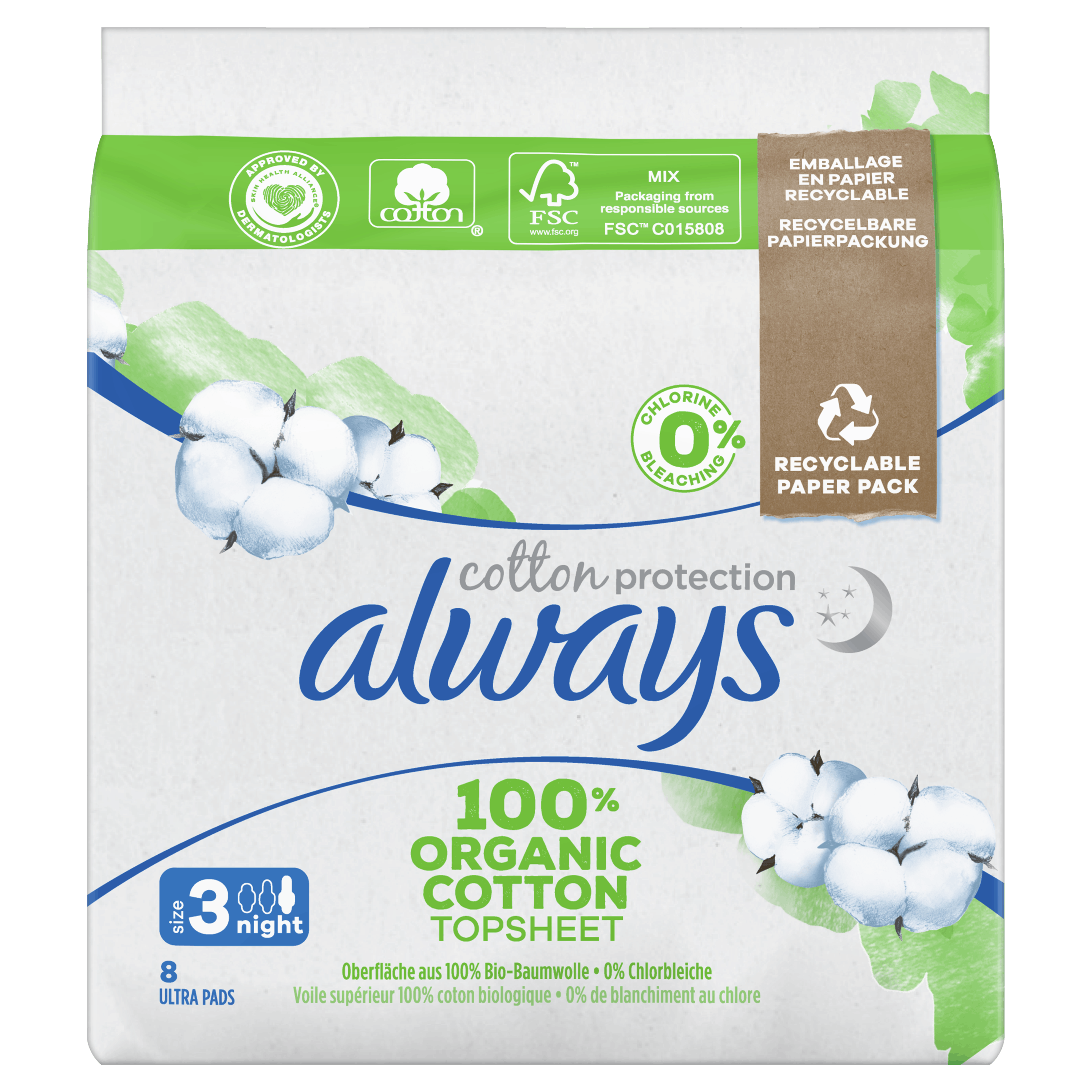 Always Cotton Night Pads 8 stk 42.95 kr + Fri Frakt og Ingen Toll